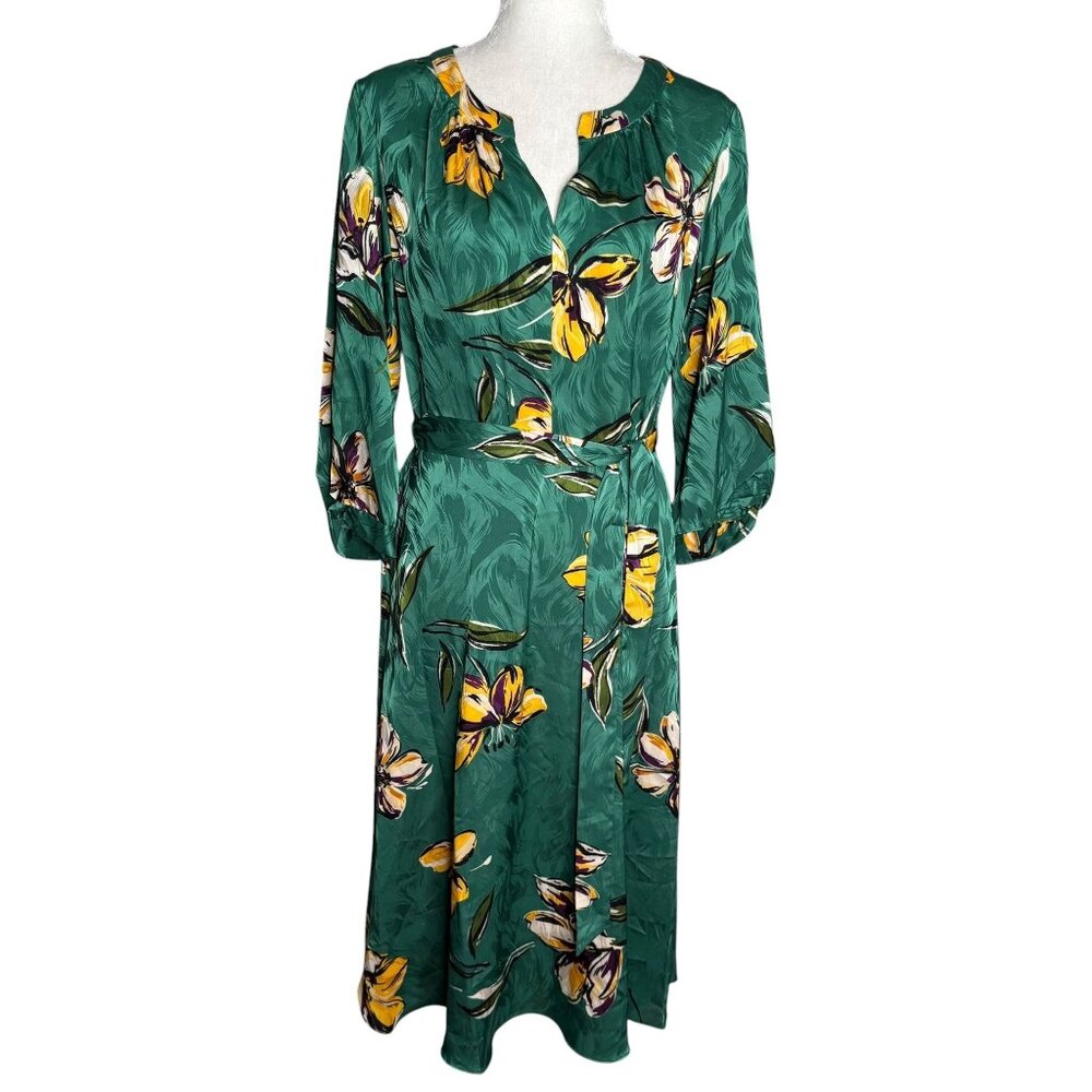 Donna Morgan Floral Midi Dress Size 6 Long Sleeves Tie Belt Waist V Neck
